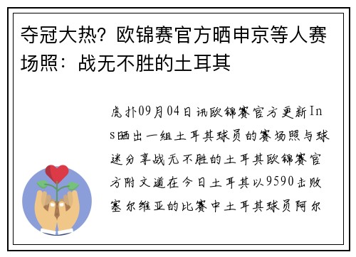 夺冠大热?欧锦赛官方晒申京等人赛场照:战无不胜的土耳其